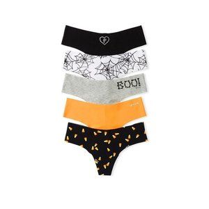 New Victoria Secret "PINK" No Show Thongs 5 Pairs Solids/Prints Halloween Size L